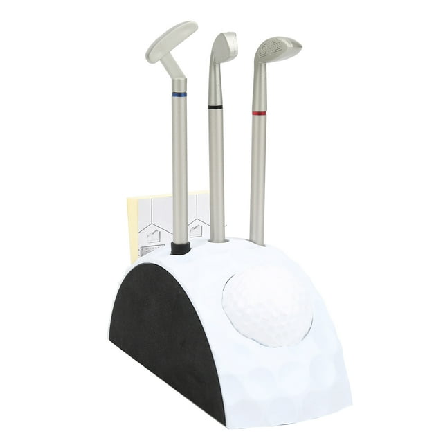FLAMEEN Desktop Small Golf Putter Pen Holding Stand Decoration Golf Pen Set featuring a white golf-themed stand with a textured golf ball design. Includes three golf putter ballpoint pens in silver with red, blue, and black accents, and a small sticky note pad stored at the back. Made of plastic, the stand measures approximately 15.4 cm in length, 6.2 cm in width, and 6.5 cm in height. A fun and practical gift for golfers or as a decorative office accessory.