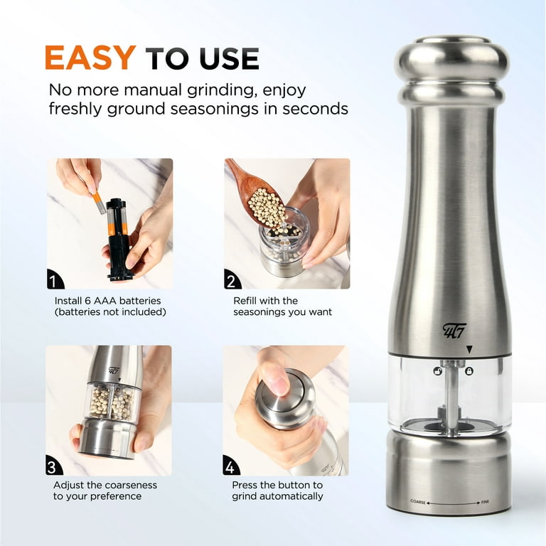 4T7 Electric Salt and Pepper Grinder Set, Battery Operated Automatic Pepper  Mill with Large Capacity, One Hand Operation with LED light, Full