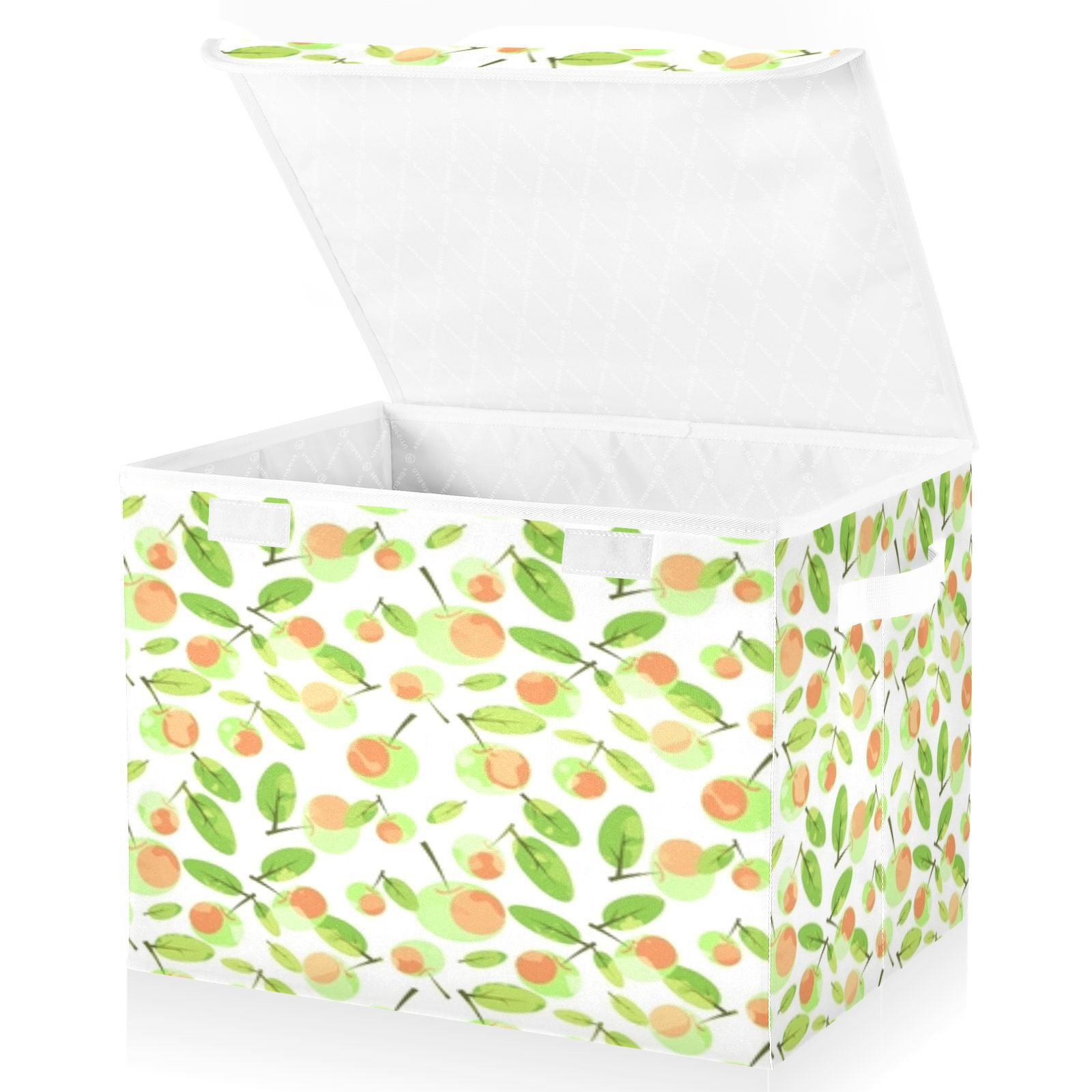 Green leaves orange fruit pattern Storage Bins, Foldable Cloth Basket, Cube Organizer with 2 Handles, Suitable for bedrooms, living rooms, wardrobes, and workspaces, With cover