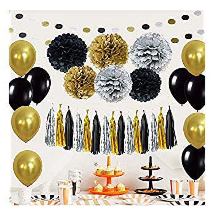 Marwey Black and Gold Party Decorations Hanging Paper Fans Set Confetti  Balloons Decorative Tissue Paper Poms Flower Tassels Garland String Polka  Dot