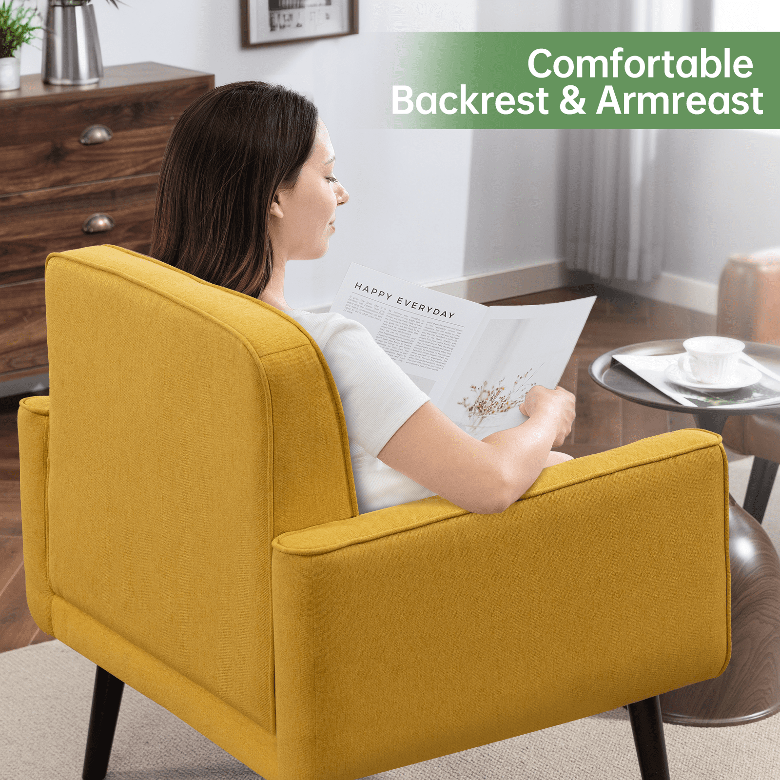 Mid-Century Modern Accent Chairs Set of 2 Upholstered Fabric Armchairs with Button Tufted Back and Solid Wood Legs, Cozy Side Chairs for Living Room, Bedroom, Office, or Cafe (Yellow)