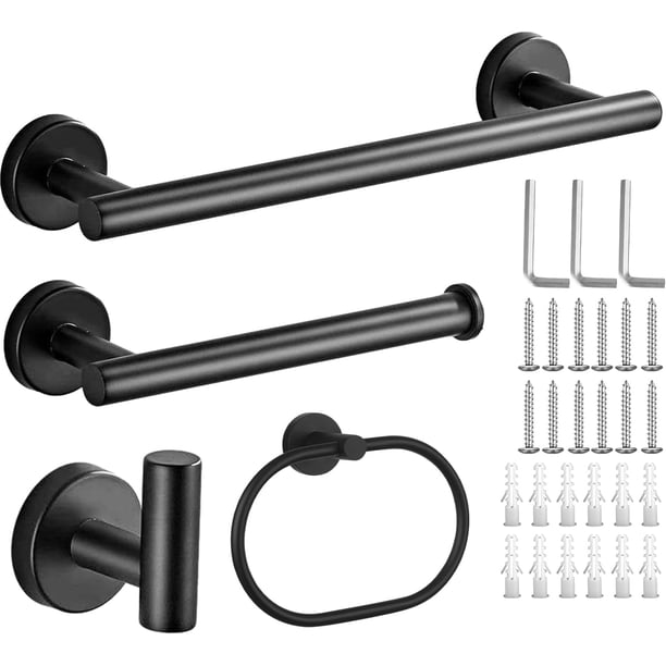 4 Piezas Juego de Accesorios de baño,304 Acero Inoxidable Juego de Accesorios de Baño,Toallero+Portarrollos para Papel+Toallero en Forma de Anillo + Gancho Adhesivo,para Baño,Cocina(Negro)