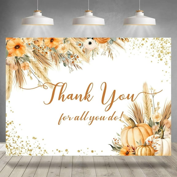 7x5FT Thank You Themed Backdrop Pumpkin Floral Autumn Thank You for All You Do Photography Background Appreciation Party Decoration Supplies Cake Table Banner Photo Booth Studio Props