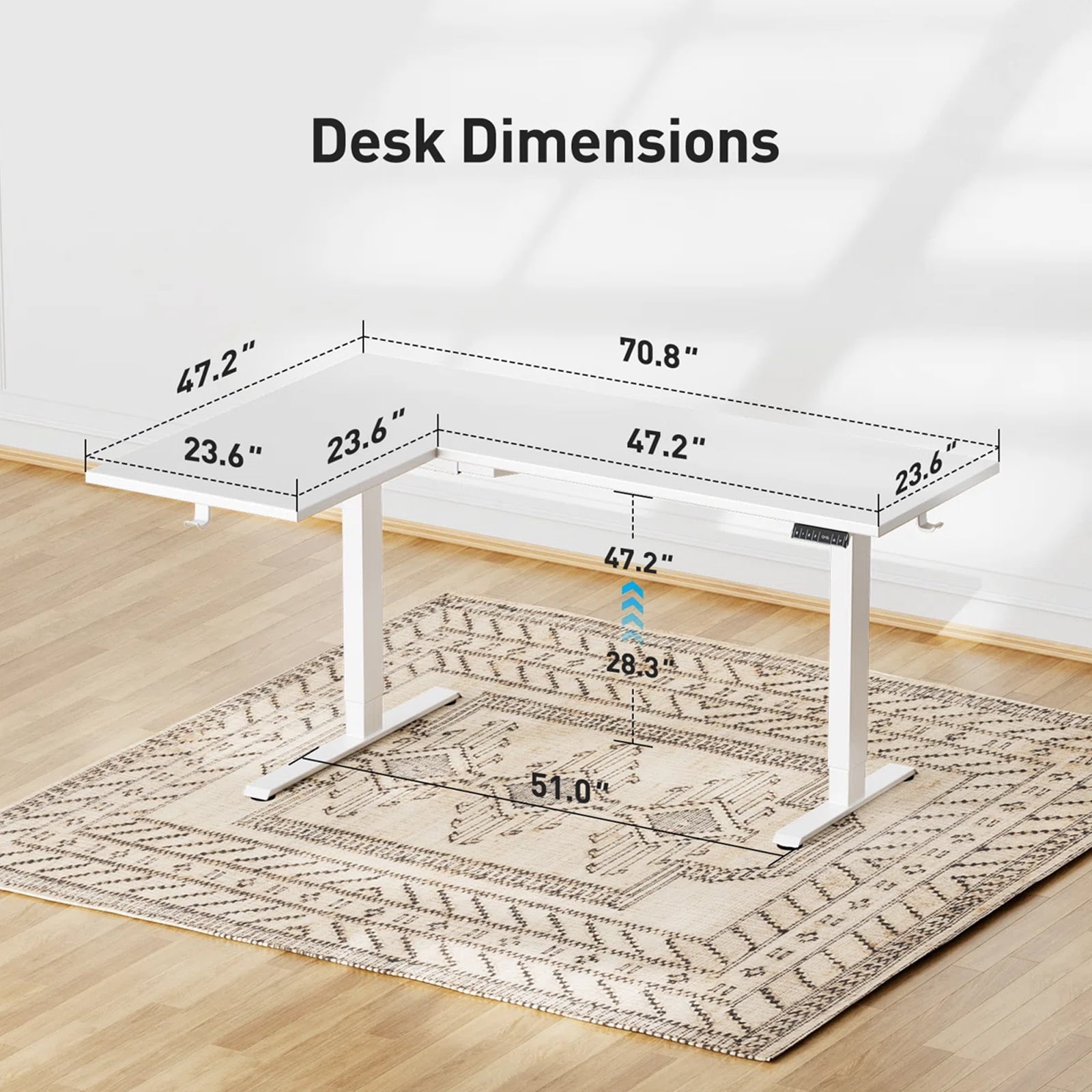 Kyspho L-Shaped Electric Standing Desk with Cable Tray, 71″ x 48″ Dual Motor Height Adjustable Sit to Stand Computer Desk with 3 Preset Heights, 2 Hooks for Home Office, White