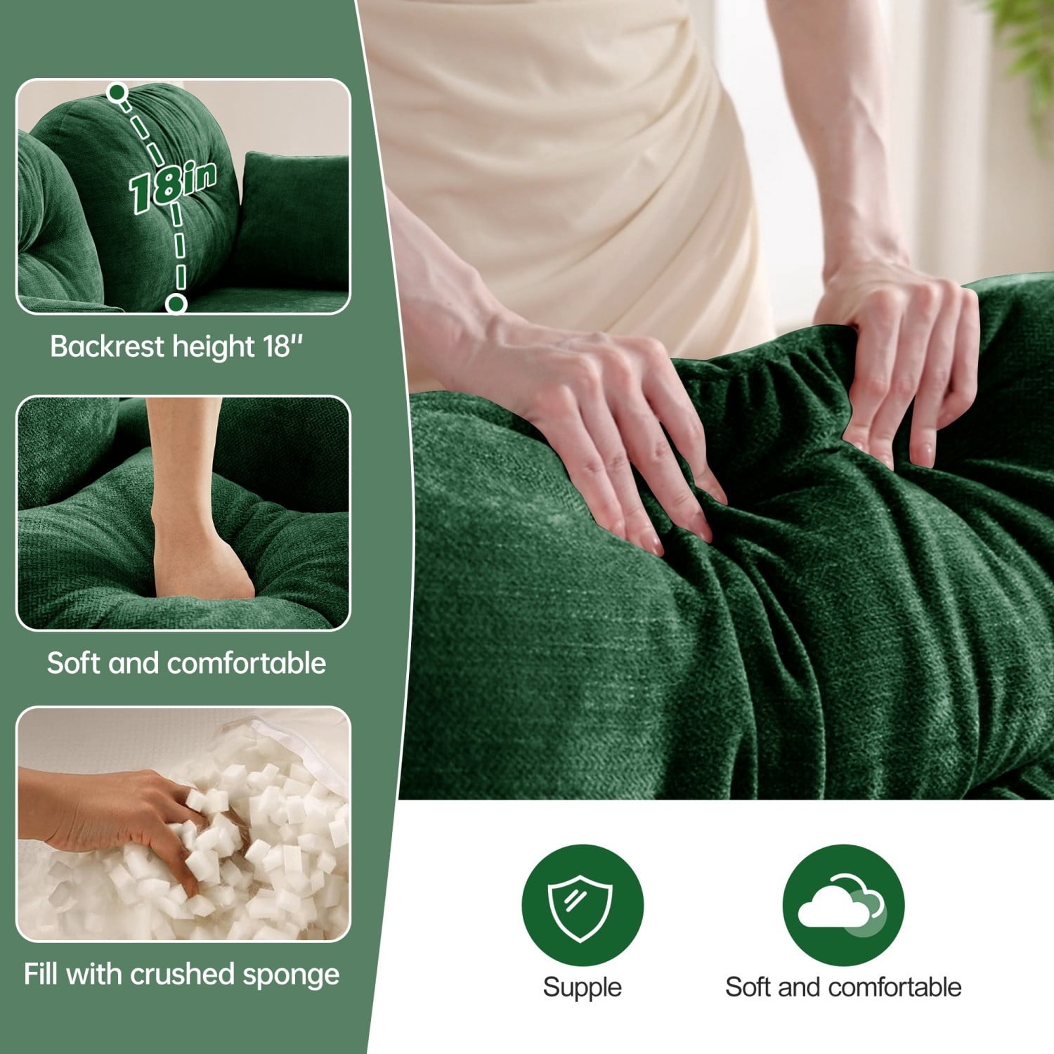 Modular Sectional Sofa Cloud Couch Loveseat Chenille Fabric Tufted Sofa Ergonomic 2-Seater Couch with Wooden Base for Living Room, Apartment, Green