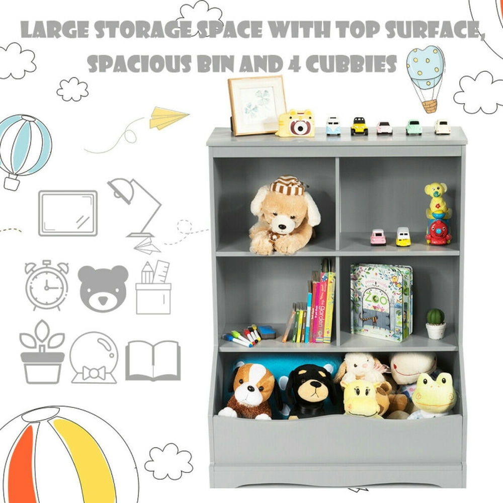 Topcobe 3-Tier Children's Multi-Functional Bookcase Toy Storage Bin Floor Cabinet, Kids Toy Storage Organizer-Gray