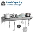 thumbnail image 4 of Stainless Steel Pot Rack with Shelf & 7pcs Hooks 12 x 60 Inches Max Load Capacity 240 lb, NSF Certified Commercial Wall Mount Floating Shelving for Restaurant, Kitchen, Home and Hotel, 4 of 5