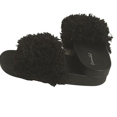 

Bonnibel Fun-1 Women s Fluffy Non-Slip Cute Plush Slip-On Slippers Faux Fur Flats BLACK 7.5