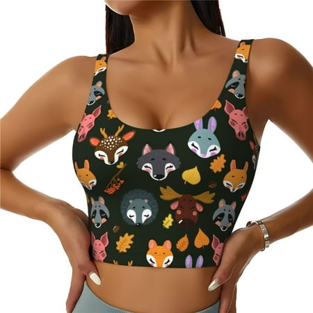 Adobk Forest Animal Faces Print Sports Bras for Women Longline Workout Crop Tank Tops Padded with Built in Shelf Padded Sports Bra-Large