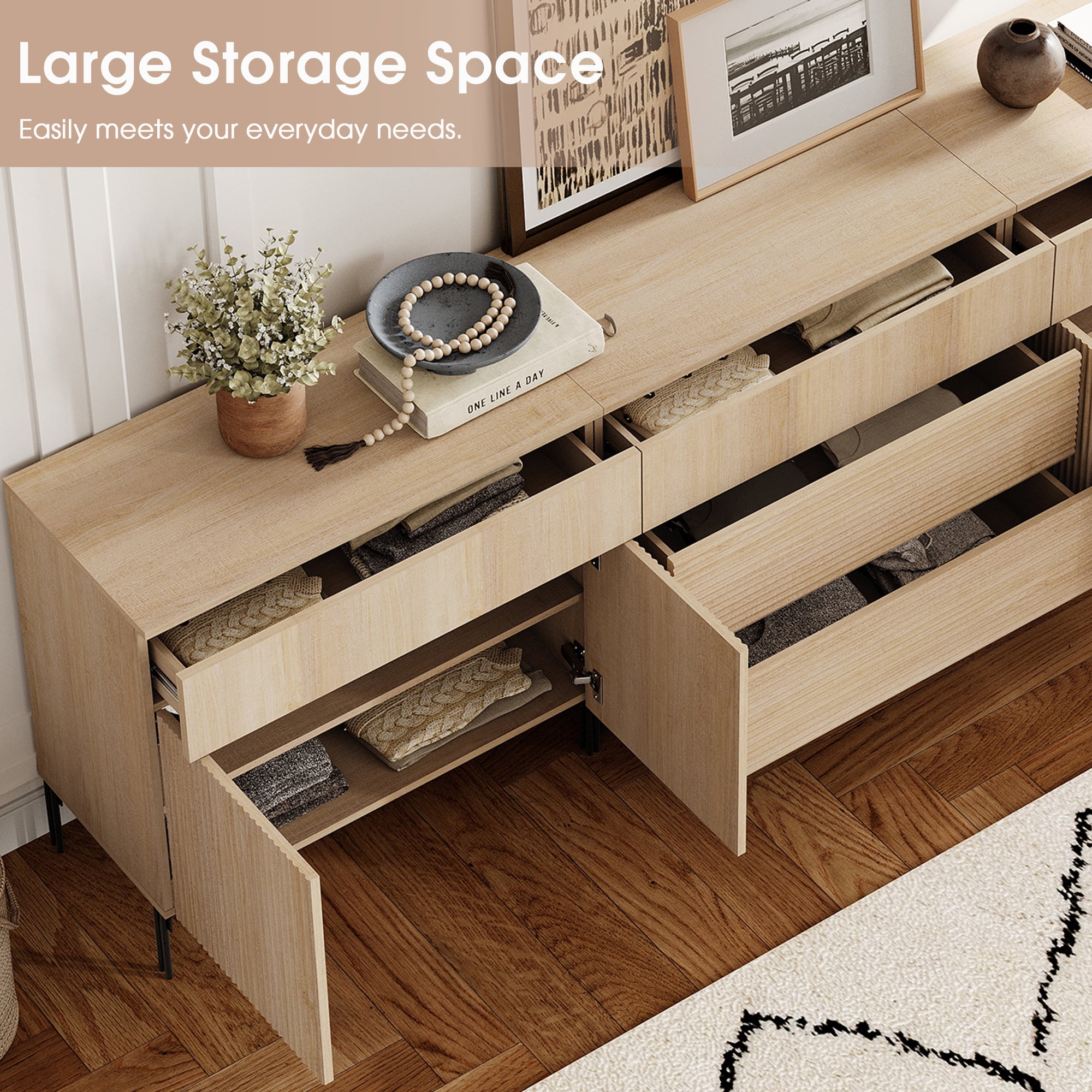 94.5" Reeded Accent Chest Set with Doors and Drawers, Modern Credenza Storage Cabinet with Metal Legs for Living Room, Kitchen, Dining Room, Hallway