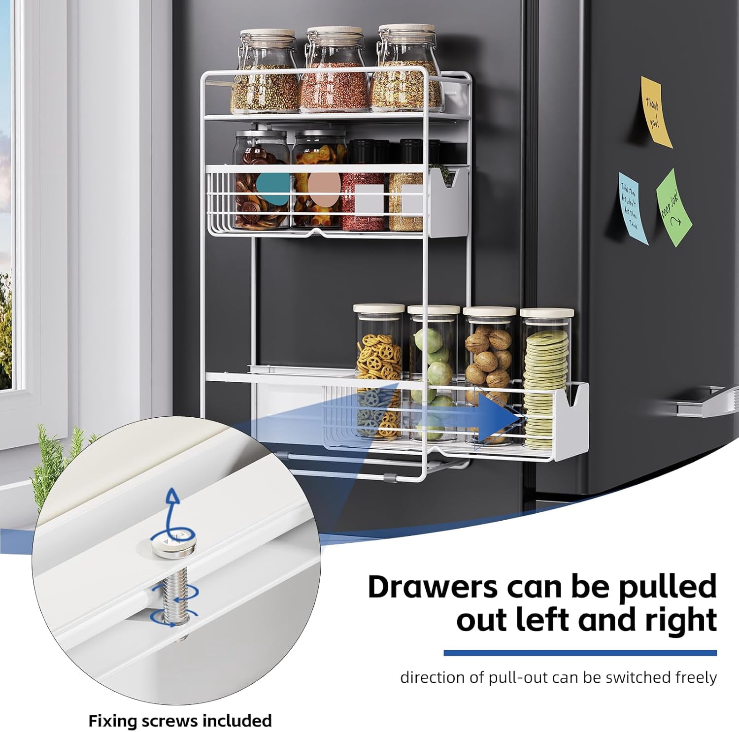3 Tier Magnetic Shelves for Washing Machine with Pull Out Metal Drawer,Magnetic Spice Rack for Fridge,Magnetic Rack with no Installation, Versatile Storage Organizers for Home (White, 3 Tier)