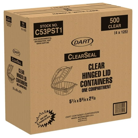 Dart C53PST1 ClearSeal 13.8 oz OPS Hinged Container, One-Piece Clamshell with Secure Seal for Cold and Hot Foods, Stackable and Leak-Resistant, Clear, Case of 500 for Deli, Bakery, Takeout