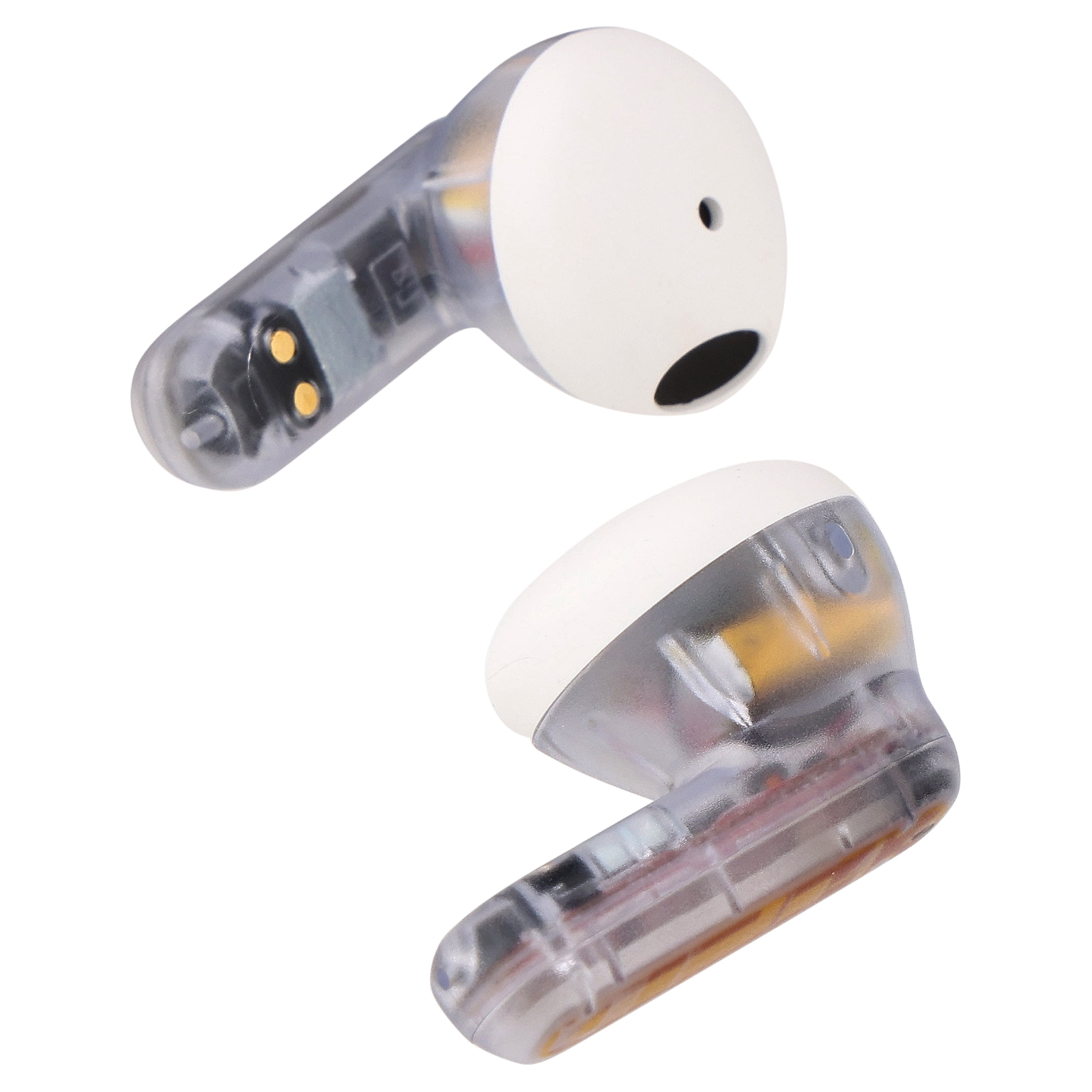 onn Mini Sticks Clear and White Wireless Bluetooth Earbuds with Environmental Noise Canceling