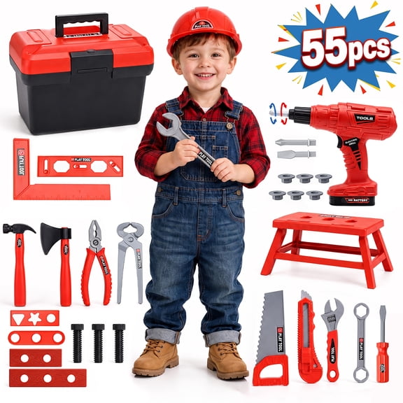ALLJOY 55pcs Kids Tool Set,Pretend Play Construction Toys with Tool Box & Electronic Toy Drill Christmas Birthday Gift for Toddlers Boys Girls