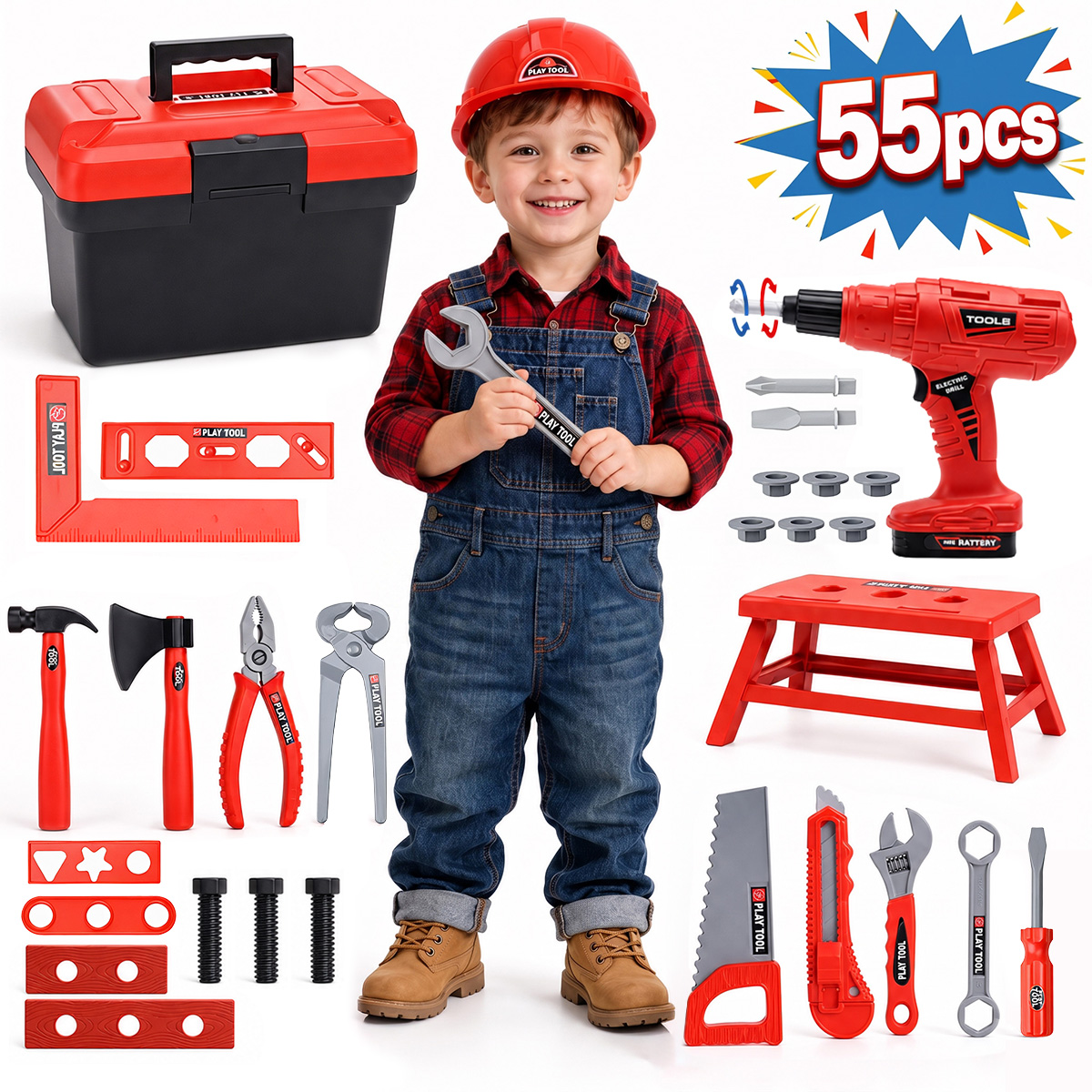 ALLJOY 55 Piece Kids Tool Set with Electronic Drill