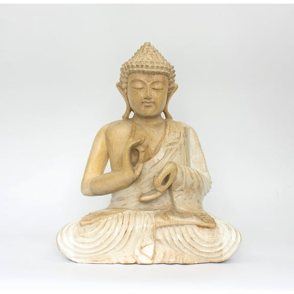 12" Wooden White Washed Serene Sitting Buddha "Vitarka Mudra" Statue Handmade Meditating Sculpture Figurine Home Decor Accent Handcrafted Art Modern Oriental Decor
