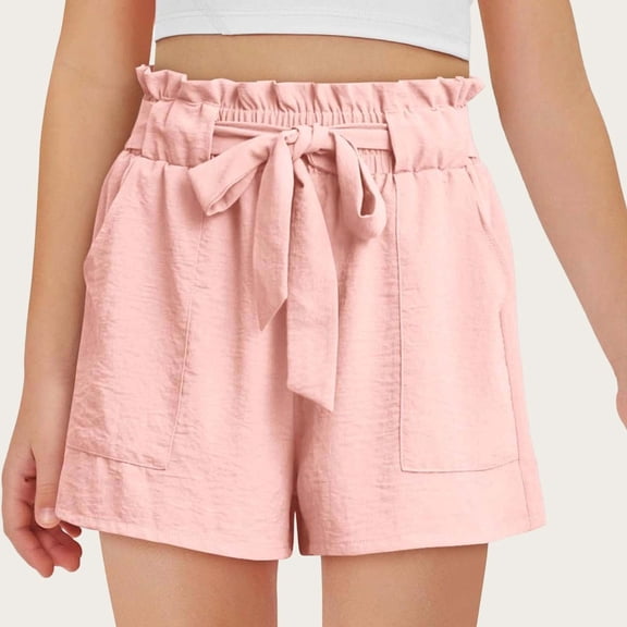 Mifsaly Girls Summer Shorts Kids High Waisted Paperbag Casual Shorts Tie Waist Ruffle Smocked Flattering Everyday Shorts with Pockets