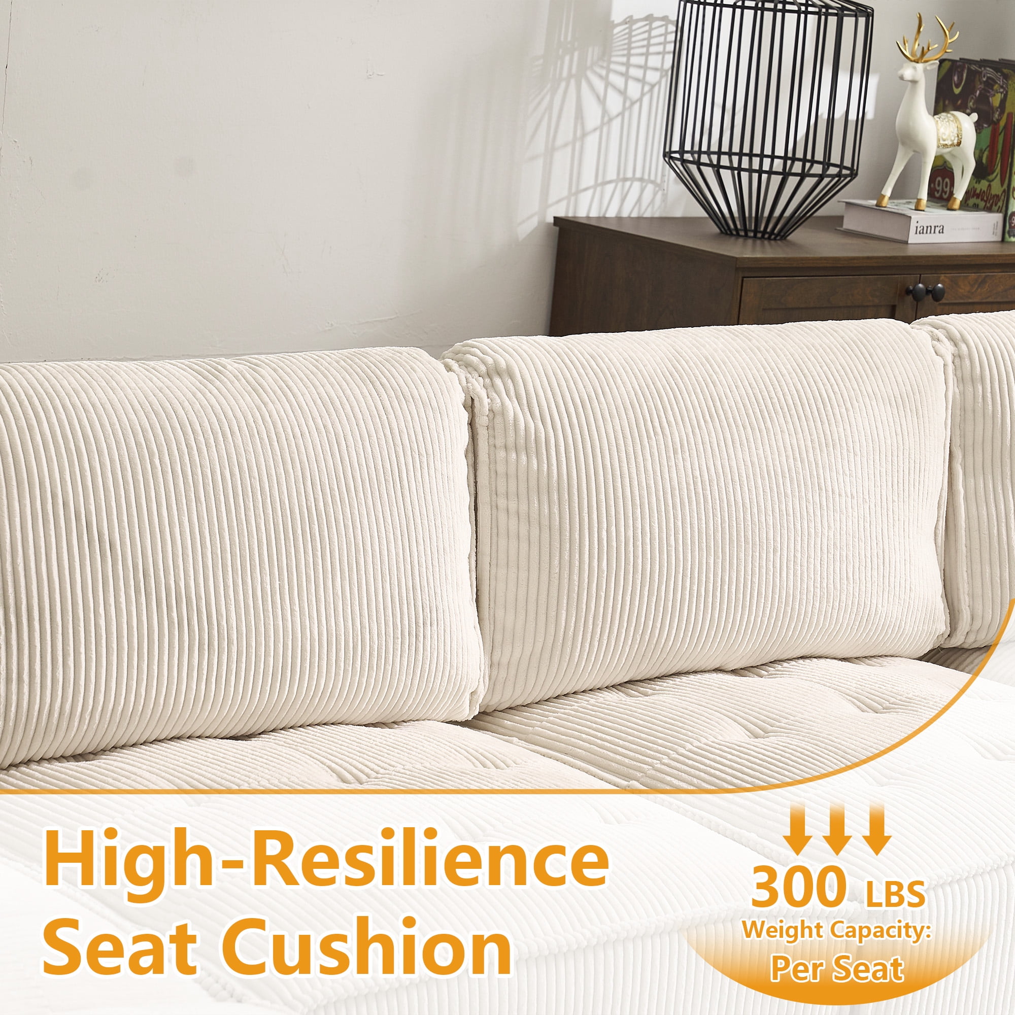 MOONMISS U-Shaped Corduroy Upholstered 6-Seat Convertible Modular Sectional Sofa Fit for Living Room-Beige