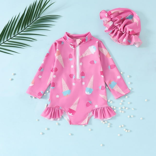 Trajes de baño para mujer, trajes de baño para mujer y niña, traje de baño de verano de manga larga con media cremallera, traje de baño de dos piezas con gorro, traje de baño de poliéster para niña