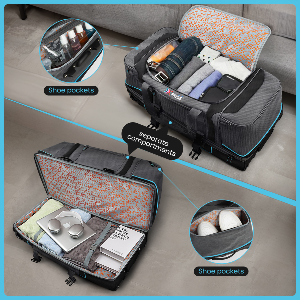 30 Inch Rolling Duffle Bag with Telescopic Handle, Wheeled Duffel Bag with Drop-Bottom,  Large Luggage Bags for Travel, Grey/Green, TBL074