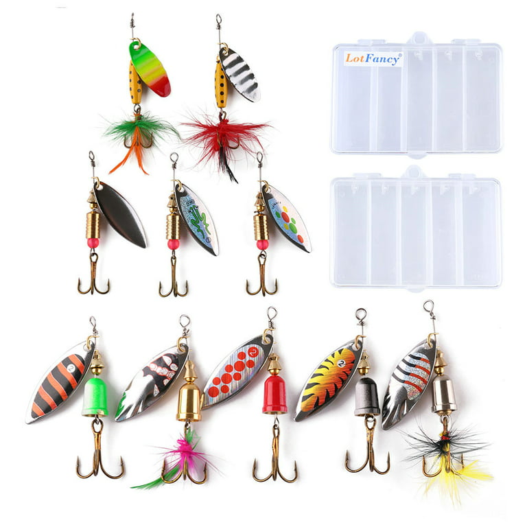 LotFancy 10Pcs Fishing Lures Spinnerbait, Hard Metal Bass Trout Salmon Kit  with 2 Tackle Boxes