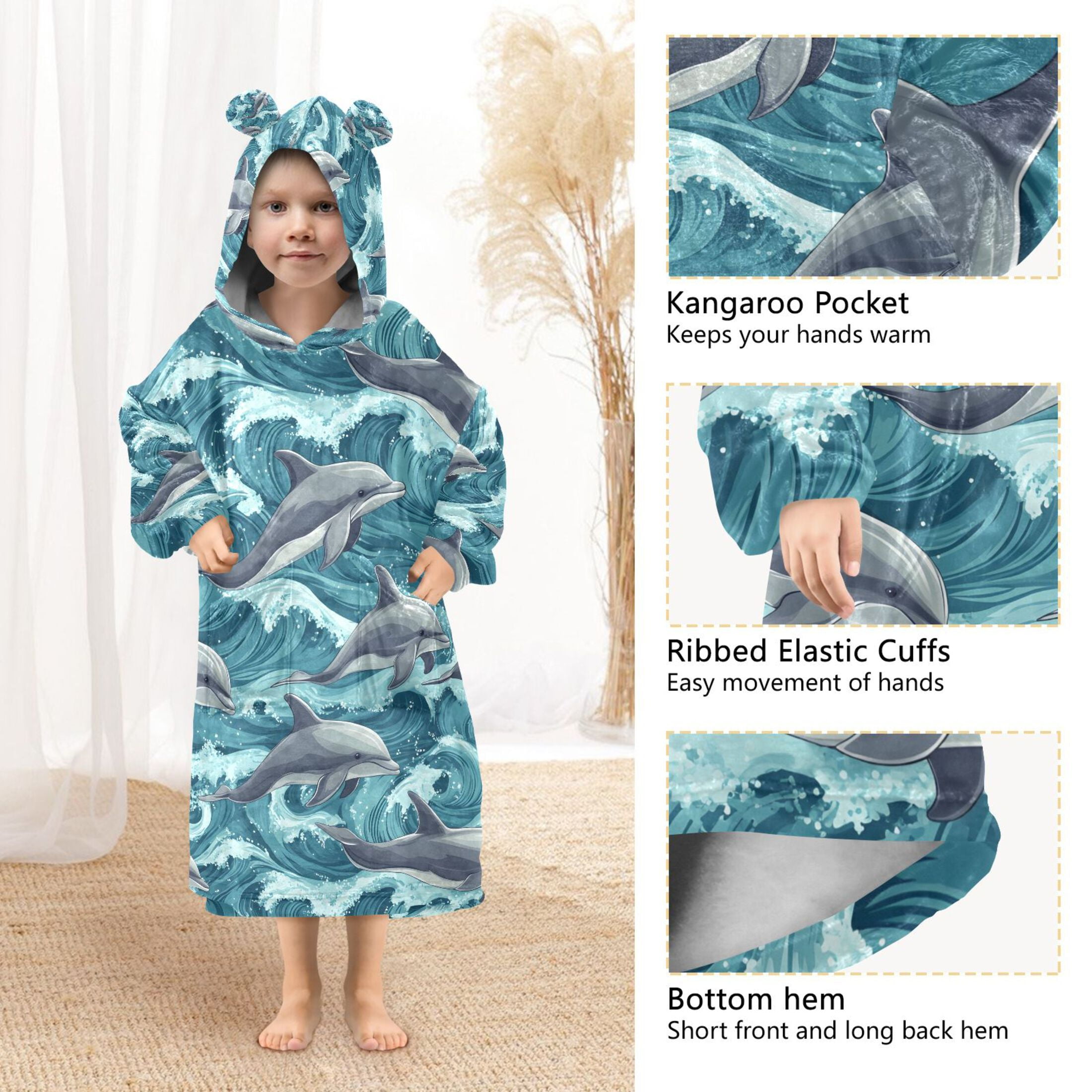 joogoo Wearable Blanket Hoodie for Cartoon Dolphins-z1 Oversized Sherpa Hooded 3-14 YR M