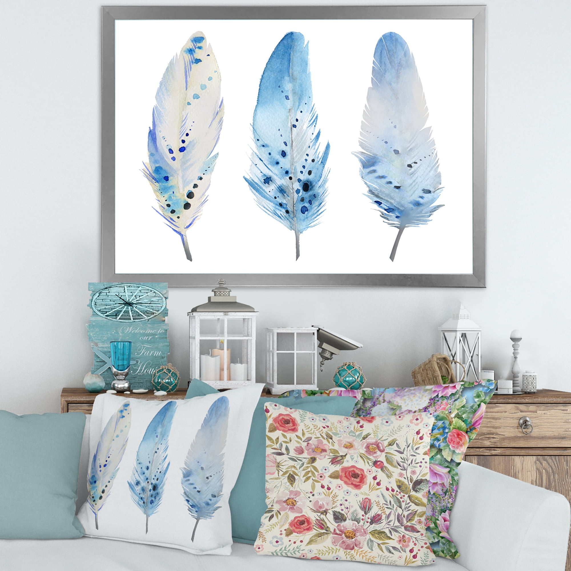 Designart 'Abstract Blue Boho Feathers II' Lake House Framed Art Print
