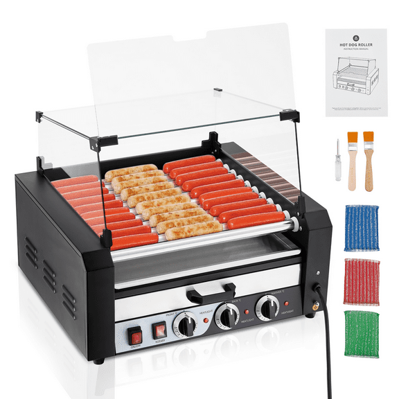 Hot Dog Roller,11 Rollers 30 Hot Dogs Capacity 1950W Stainless Sausage Grill Cooker Machine with Removable Oil Drip Tray Dual Temp Control and Glass Hood Cover,Perfect for Commercial and Party