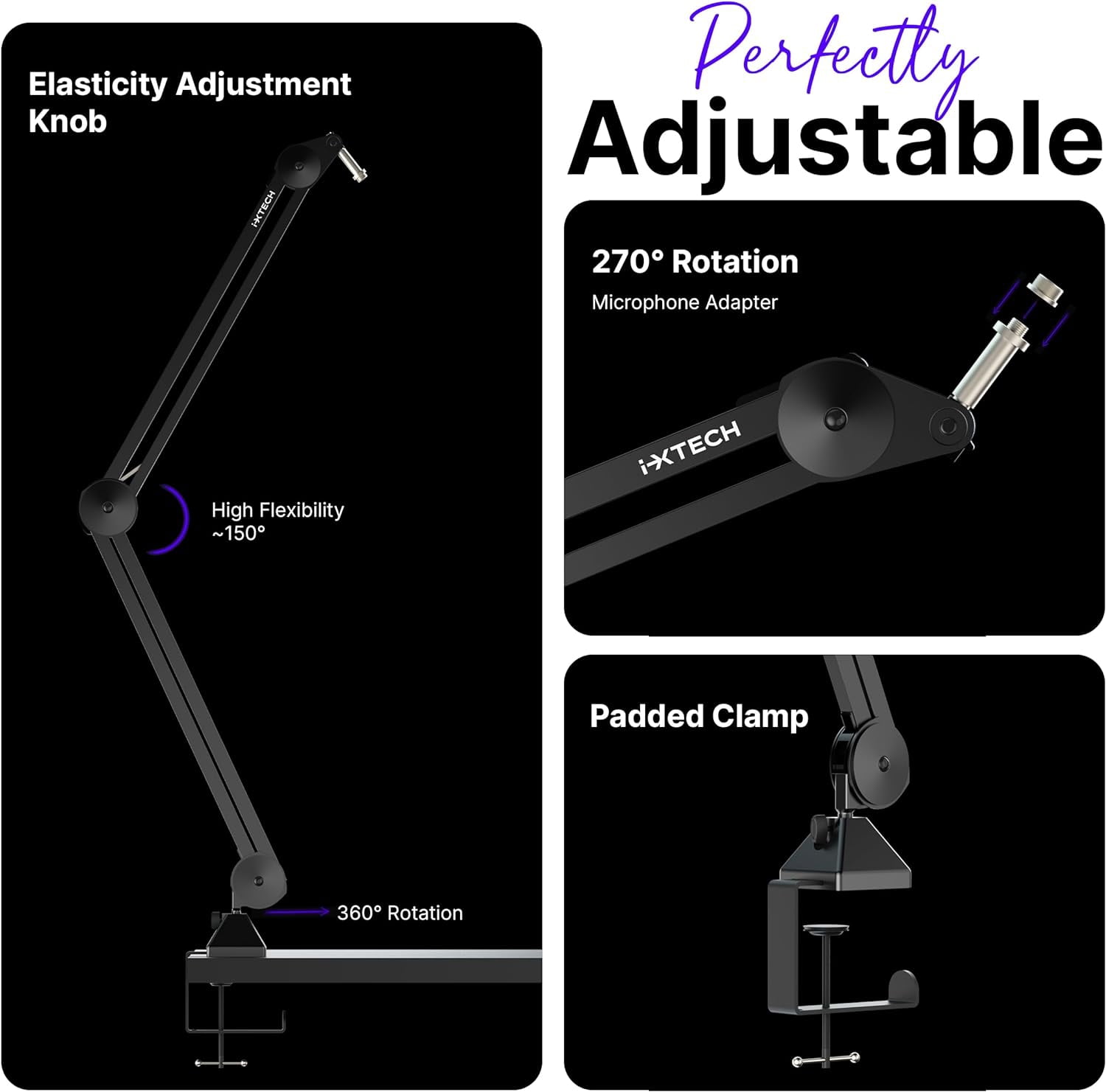 IXTECH Microphone Boom Arm Stand, Heavy Duty Adjustable Mic Stand with Cable Ties, Desk Mount Arm Stand for Gaming Streaming Podcasting (LARGE).