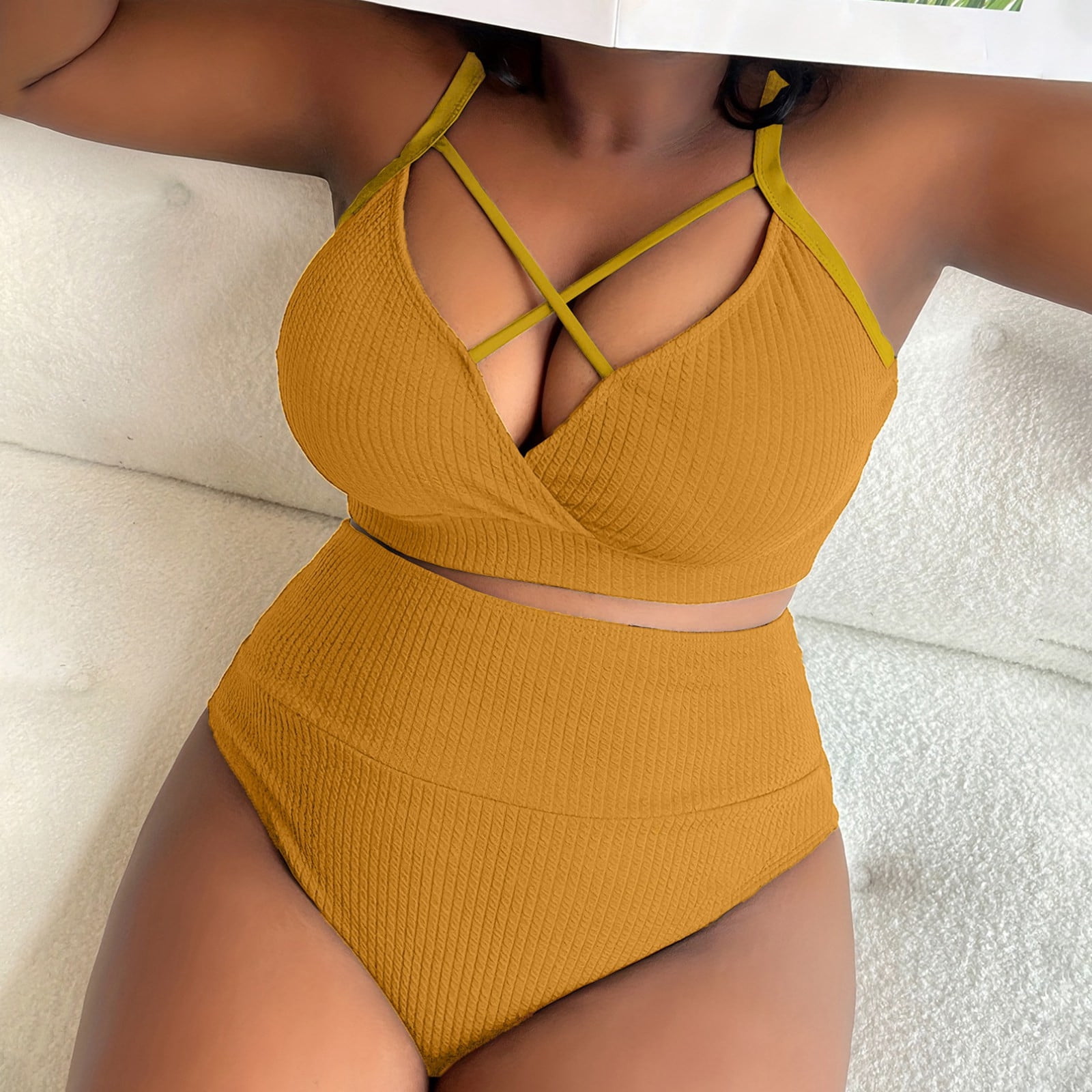 Women's Plus Size High Waisted Bikini Set Women's Solid Color Hollow Shoulder Strap Adjustable Backless Sexy Swimsuit Plus Size Bathing Suits (Yellow,4XL) - image 5