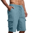 thumbnail image 2 of Floleo Men Solid Color Linen Cargo Shorts Breathable Lightweight Summer Elastic Waist Drawstring Multiple Pockets Outdoor Beach Gym Workout Casual Comfortable(Blue,2XL), 2 of 7