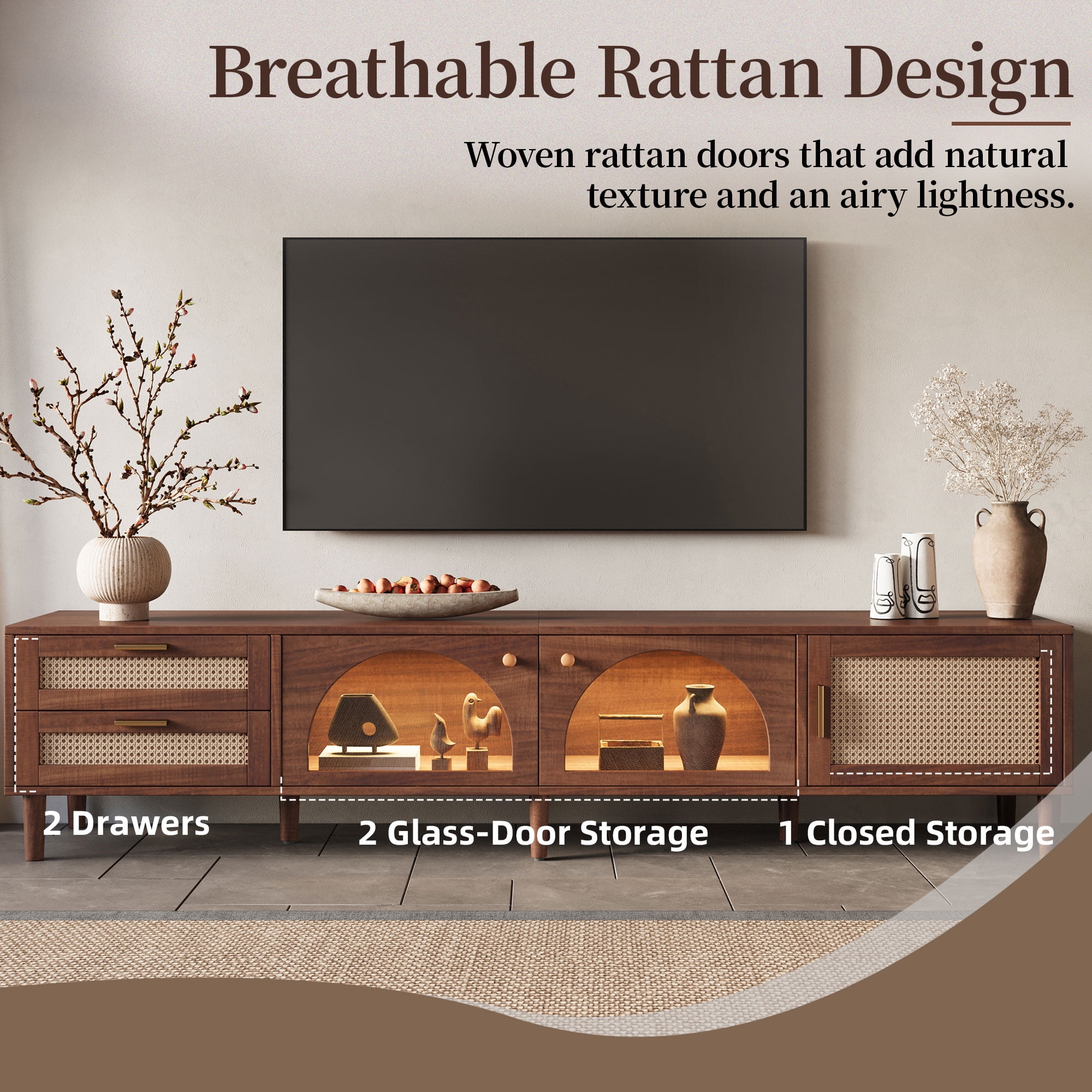 Homy Casa 86.6" Walnut TV Stand for 90" TVs with App LED Lights, 2 Glass Doors and Rattan Cabinet
