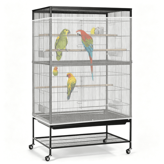 MISSMILE Bird Cage Seed Catcher,90-118‘’ Universal Birdcage Net Nylon 31.8'' H Adjustable Elastic Band Stretchy Skirts Mesh Cover for Parrot Cage Seed Guard (Not Include Birdcage) - White