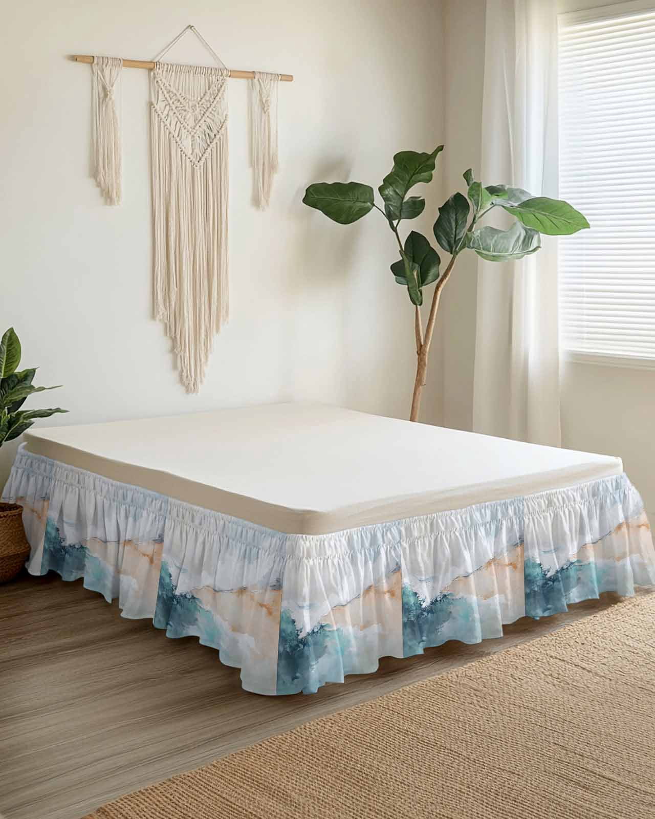 Teal Beige Wrap Around Bed Skirts for Queen Bed 16" Drop, Bed Skirt with Adjustable Elastic Belt Dust Ruffle Bed Valance for Bedroom Hotel Luxury Modern Oil Painting Art Coastal Bed Frame Cover