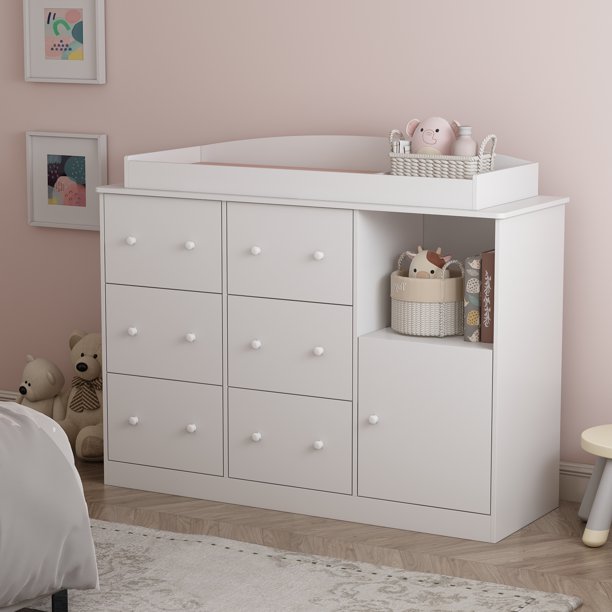 Nursery Dresser with Drawers and Open Shelves, 6 Drawers Baby Dresser