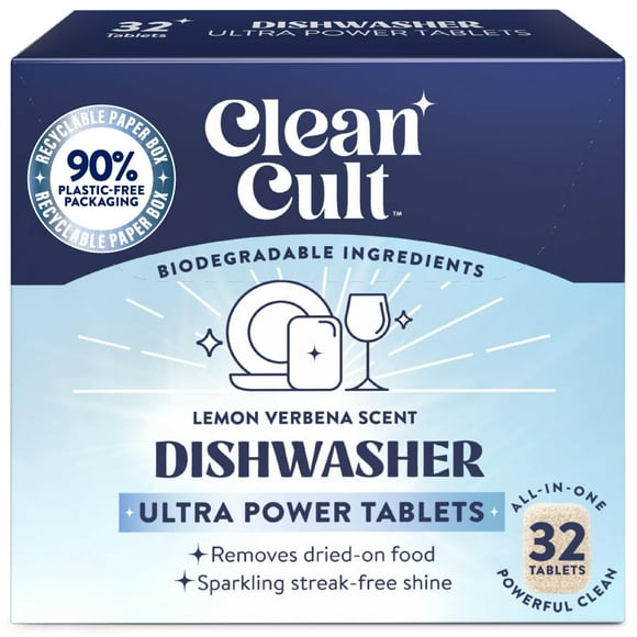 Cleancult Ultra Power Dishwasher Detergent Pods For Sparkling Streak-Free Shine All-In-One No Plastic Waste 32 Count