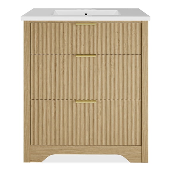 Natural Wood Bathroom Vanity with Ceramic Sink | 30" Shutter Door Vanity with 3 Storage Drawers | Farmhouse Modern Style, Easy Faucet Installation