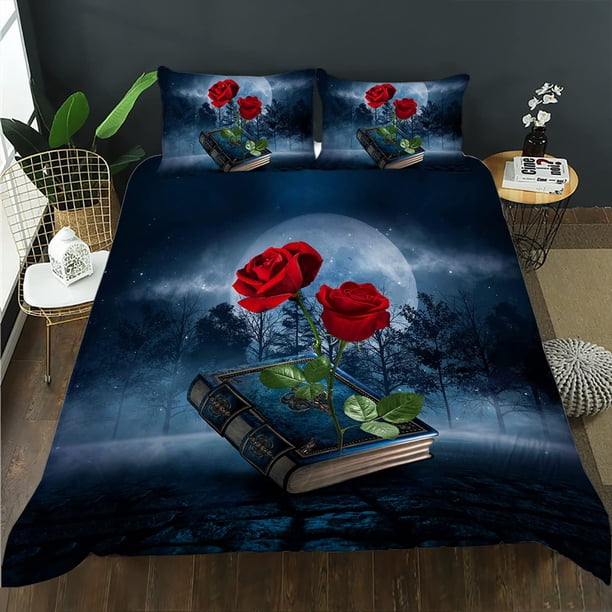 Pintura al Óleo Rosa Roja Funda Nórdica Tamaño King, Rojo 3D Romántico Rosa Ropa de Cama