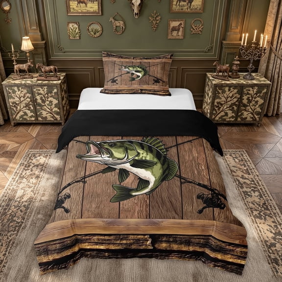 meiyoeat Wooden Fishing Bass Twin Duvet Cover for Men Boys, Brown Vintage Lodge Cabin Twin Bedding, Black Reversible, 2-Piece, 1 Duvet Cover and 1 Pillowcase