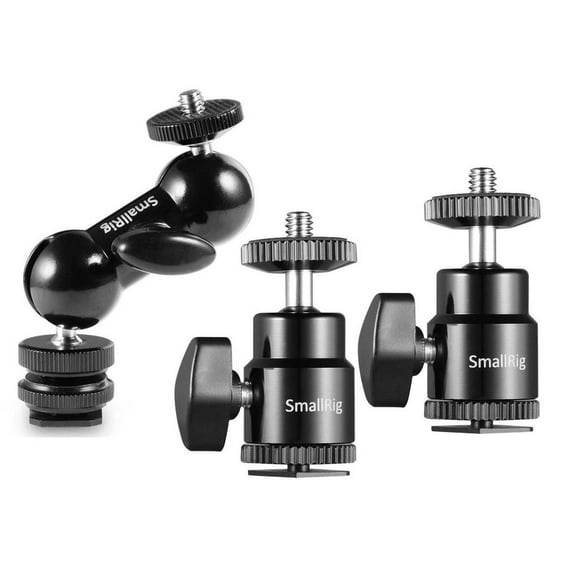 SmallRig 1/4" Camera Hot Shoe Mount with Additional 1/4" Screw, 2-Pack - With SmallRig Multi-Function Double End BallHead with Cold Shoe Mount and Thumb Screw