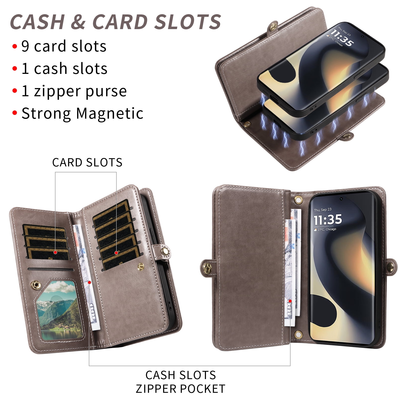 Asuwish Phone Case for Motorola Edge 5G 2024 Zipper Wallet Detachable Cell Cover with Tempered Glass Screen Protector Crossbody Lanyard Strap Flower Flip Card Holder Moto Edge2024 Women Girls Gray