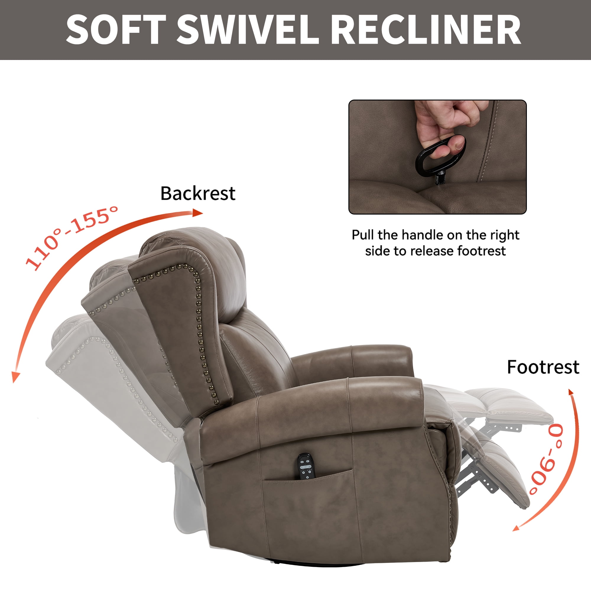 Leumius Swivel Rocker Recliner Chair with Vibration Massage and Lumbar Heating,Ergonomic Lounge Chair with Rocking Function,Rivet Design,Brown+Gray
