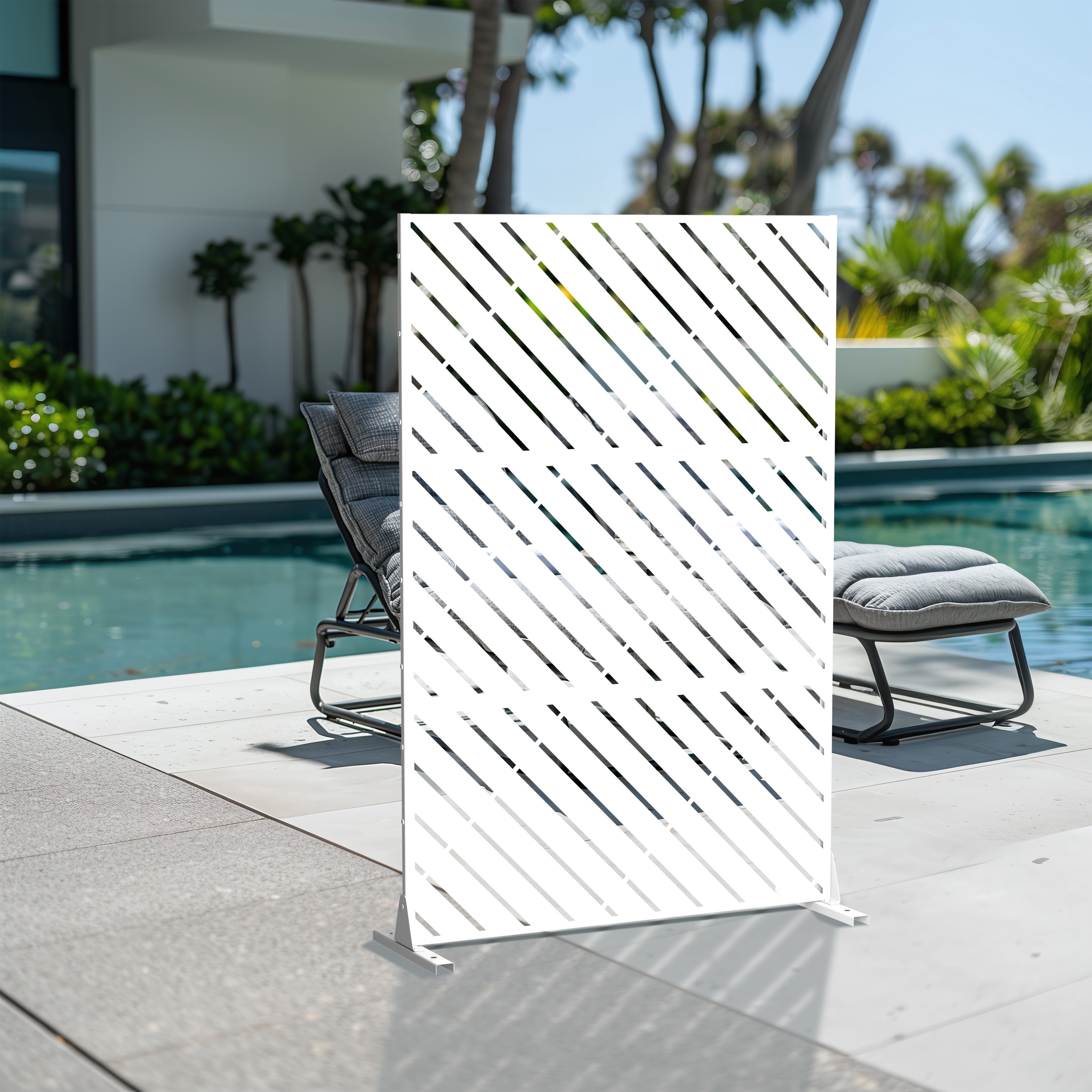 MAYEERTY 72"x47" Outdoor Privacy Screen with Stand, 3 Panels Metal Balcony Decorative Screen, White