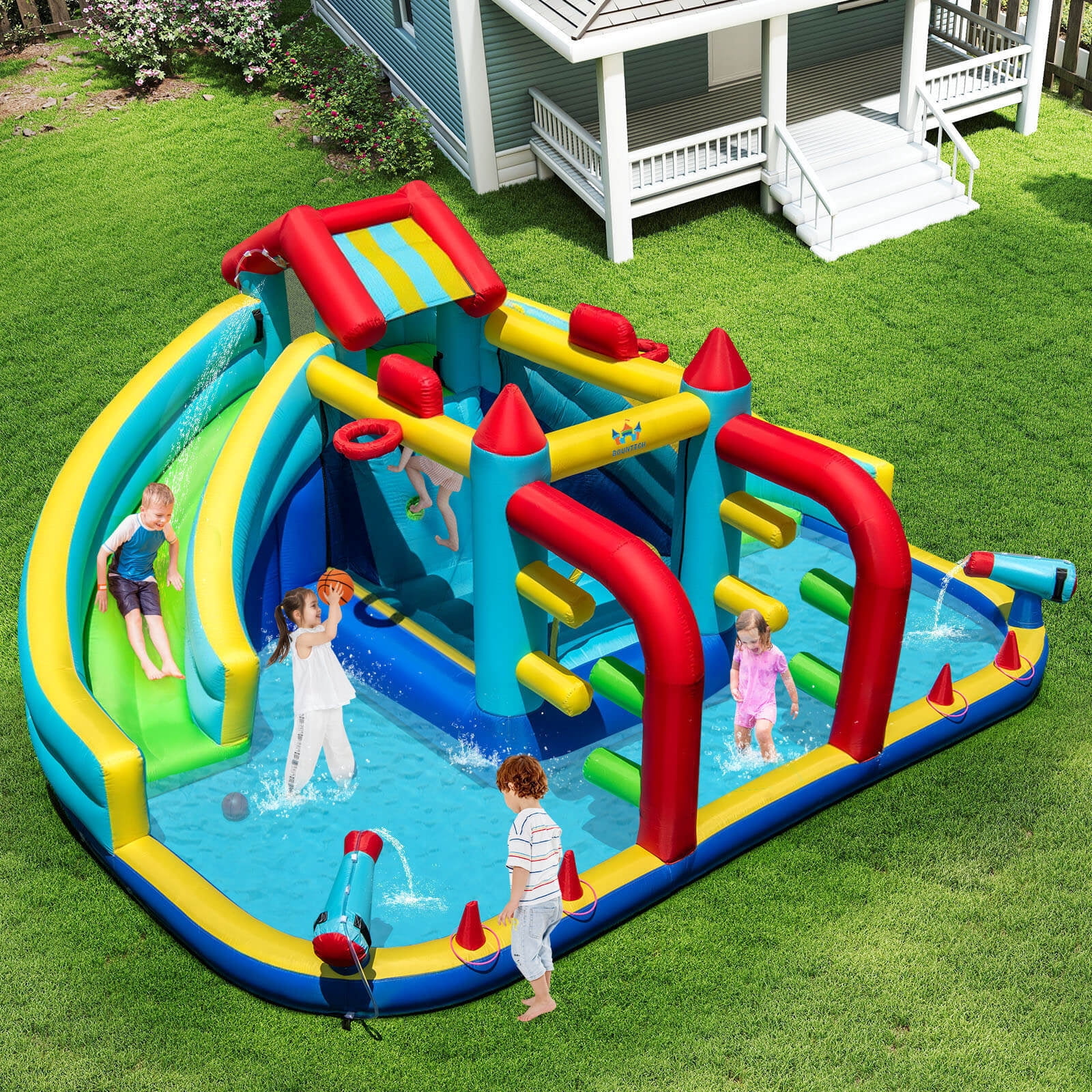 Costway Inflatable Water Park with Climbing Wall Splash Pool Water Cannons 750W Blower