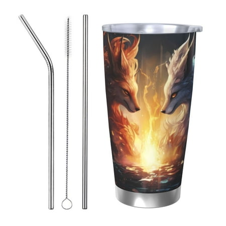 

Gukieu Red And White Flame Fox Print 20OZ Car Cup Vacuum Stainless Steel Leak-proof Thermos Cup Unisex Suitable for Home Outdoor and Sports-Straw Three-piece Set