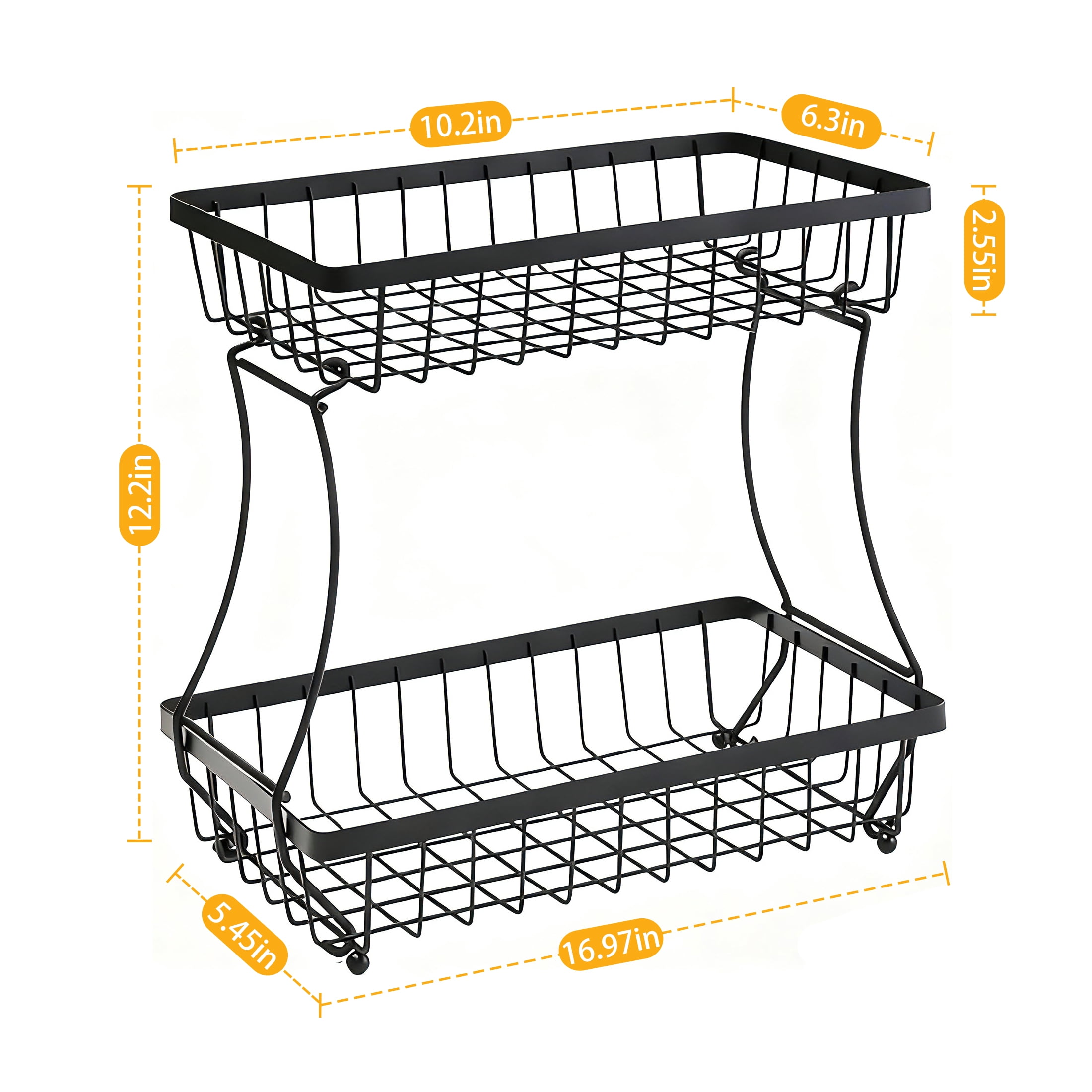 CISILOV 2 Tier Fruit Basket for Kitchen Counter, Detachable Metal Wire Fruit Vegetable Storage Basket, Countertop Produce Organizer with 2 Banana Hangers, Black