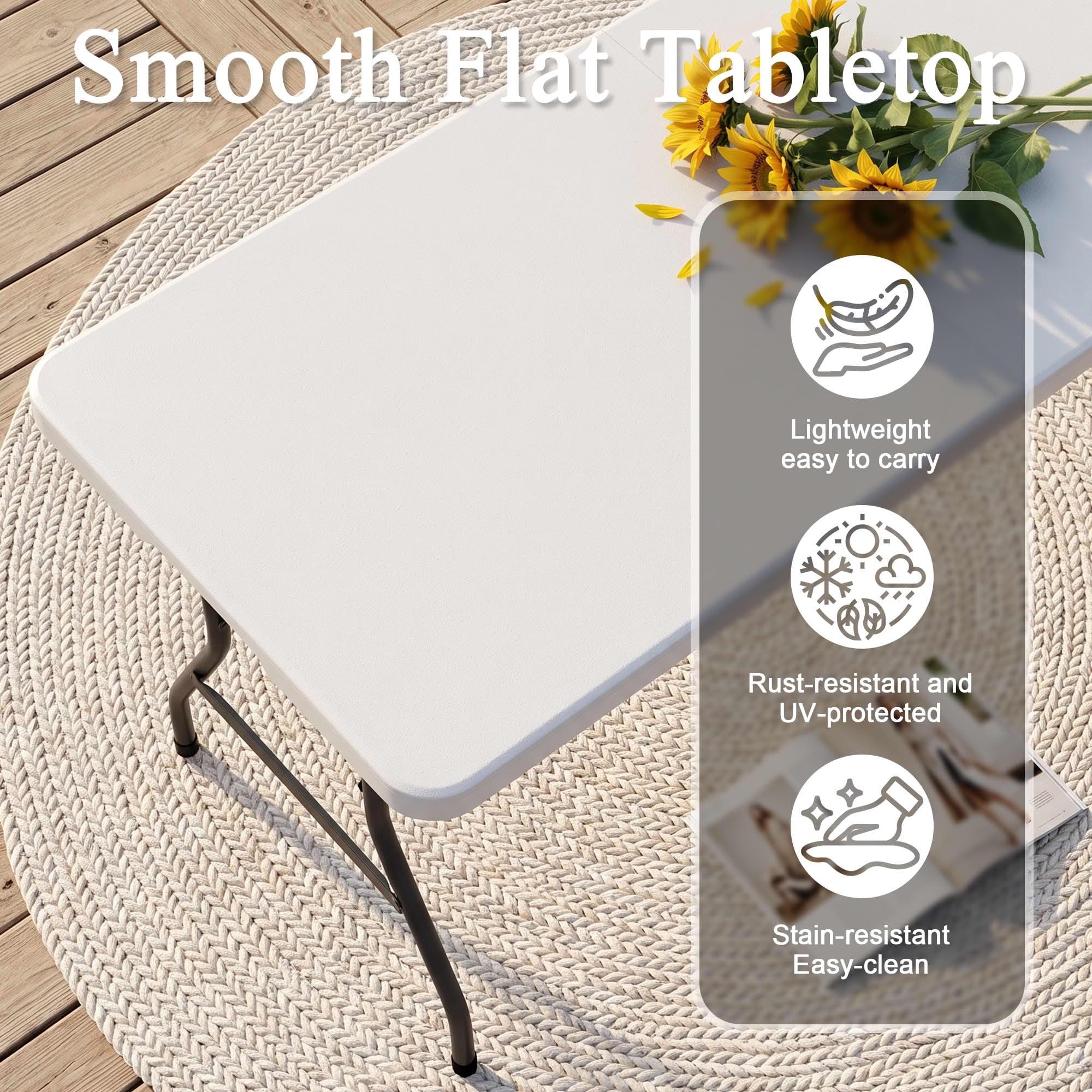 MAYEERTY 5FT White HDPE Fold-in-Half Folding Table, Powder Coated Steel Frame UV Water Resistant Outdoor Portable Table