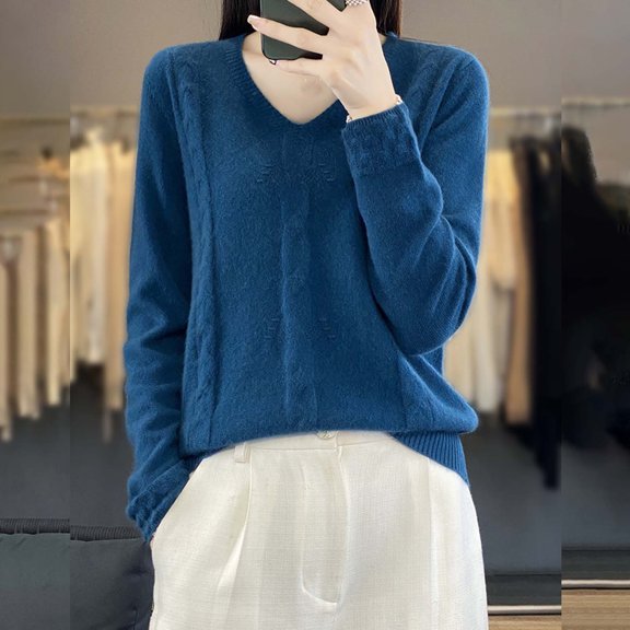 FDGIU Women's V Neck Cable Knit Sweater, Rib Hem Long Sleeve Loose Fit Pullover Tops Casual Knit Blouses