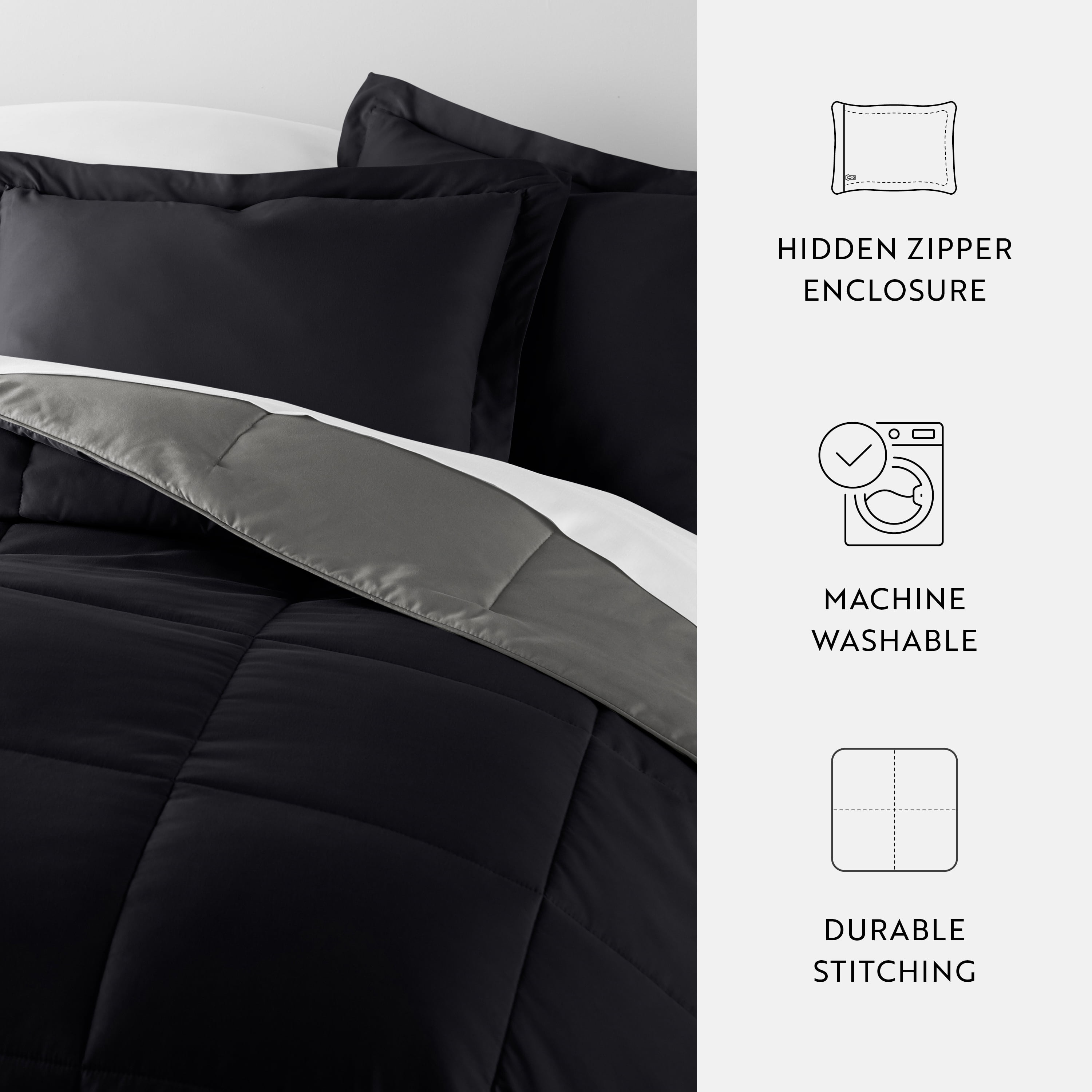 Noble Linens Soft 3-Piece Black & Fog Reversible All Season Lightweight Down Alternative Comforter Set, King/Cal King