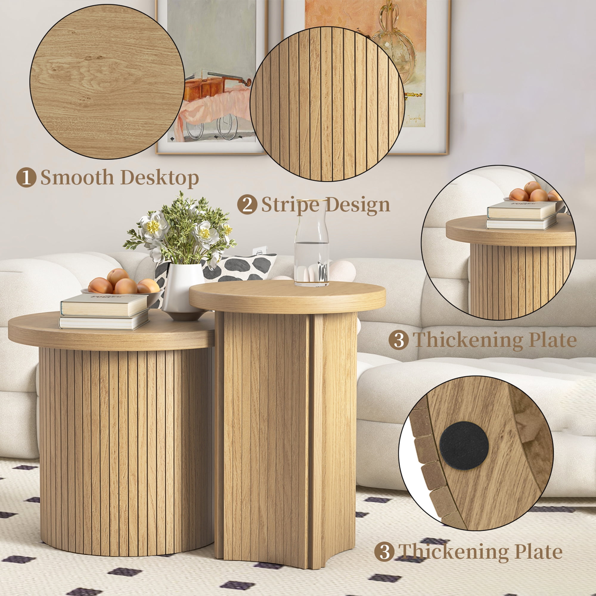 Oubayajia Modern Nesting Coffee Table Set of 2, Wood Round Table for Living Room Bedroom Balcony